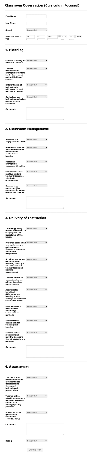 Classroom Observation Form (Curriculum Focused) Form Template