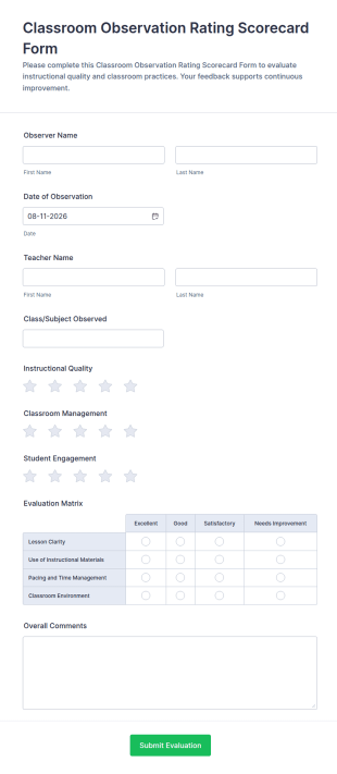 Classroom Observation Rating Scorecard Form Template