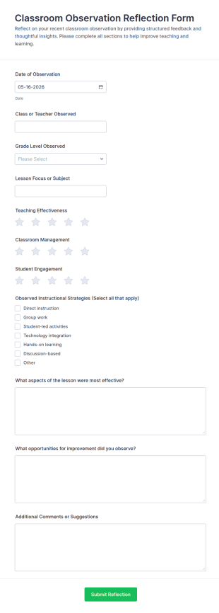 Classroom Observation Reflection Form Template