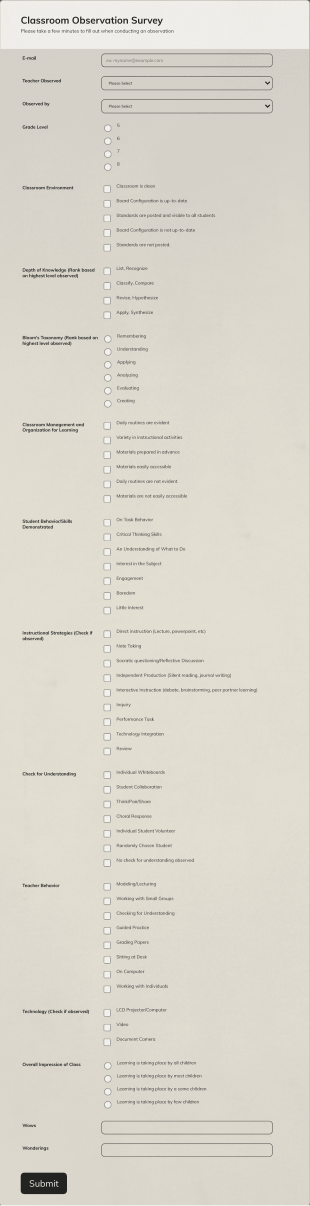 Classroom Observation Survey Form Template