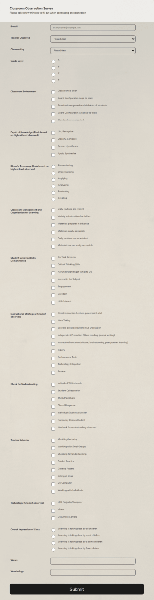 Classroom Observation Survey Form Template