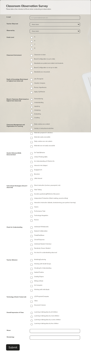 Classroom Observation Survey Form Template