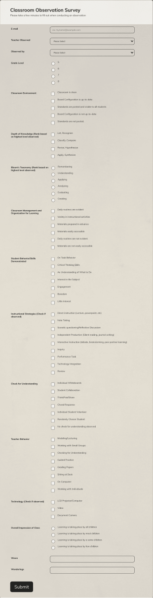 survey questions about homework Classroom Observation Survey Form Template