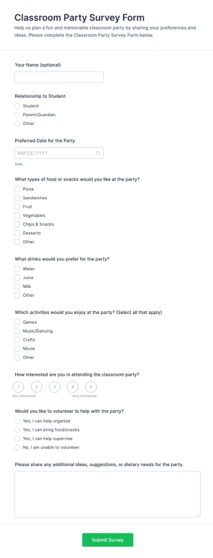 Classroom Party Survey Form Template