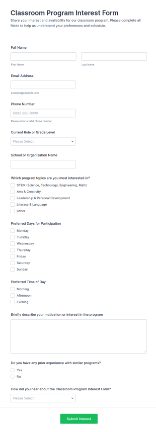 Classroom Program Interest Form Template