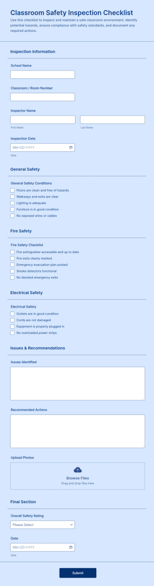 Classroom Safety Inspection Checklist Form Template