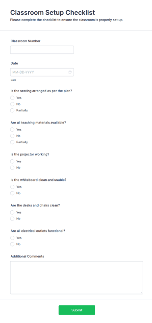 Classroom Setup Checklist Form Template