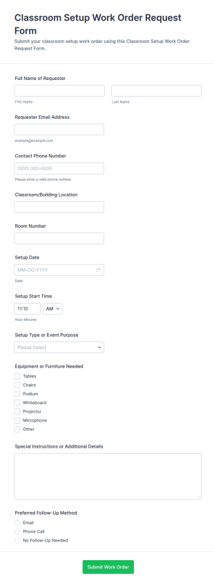 Classroom Setup Work Order Request Form Template