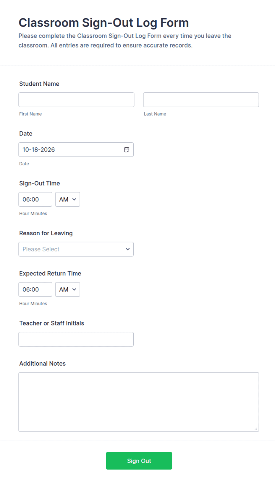 Classroom Sign-Out Log Form Template | Jotform