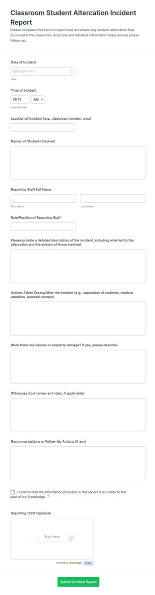 Classroom Student Altercation Incident Report Form Template