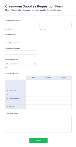 Classroom Supplies Requisition Form Template