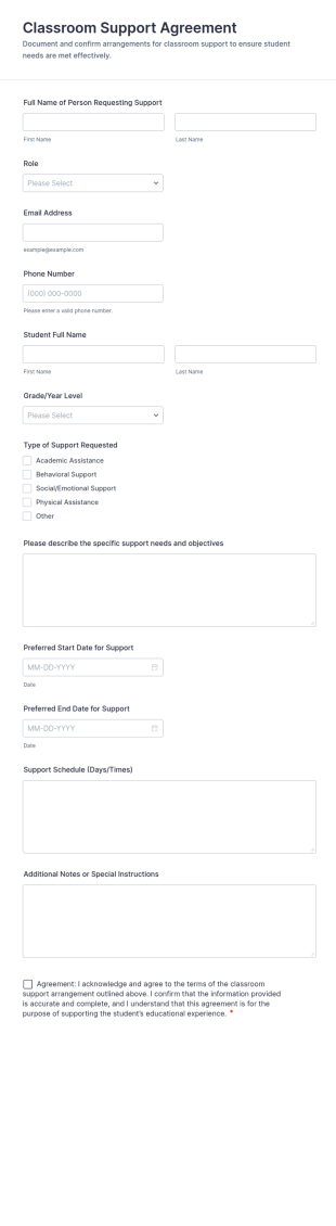 Classroom Support Agreement Form Template