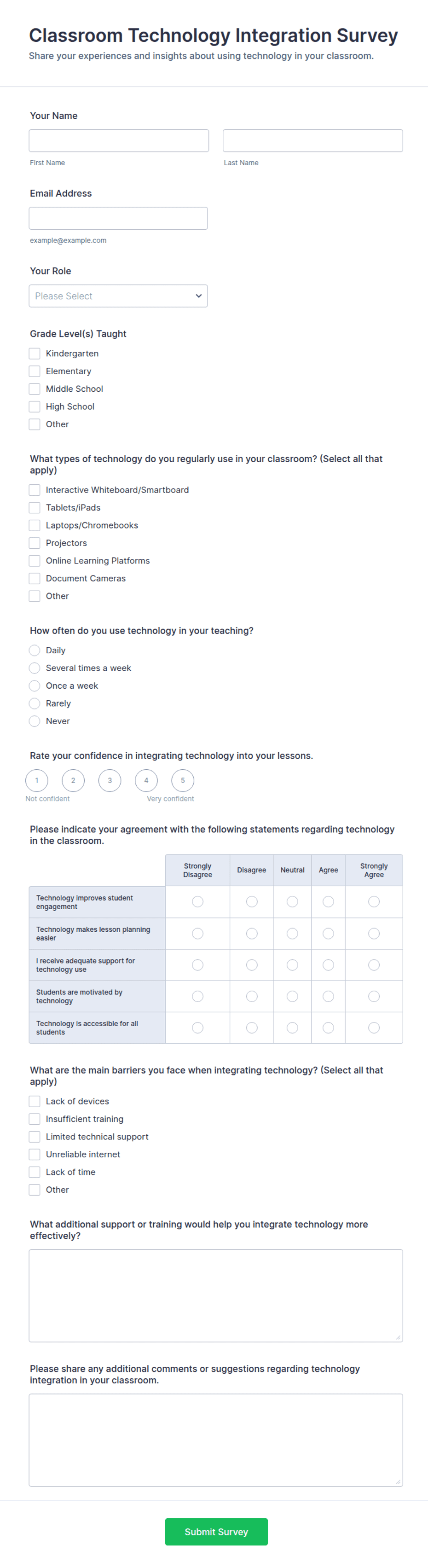 Technology Implementation Questionnaire Classroom Technology Integration Survey Form Template | Jotform