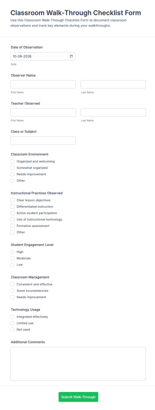 Classroom Walk Through Checklist Form Template