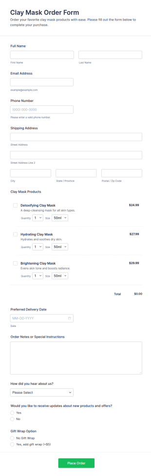 Clay Mask Order Form Template
