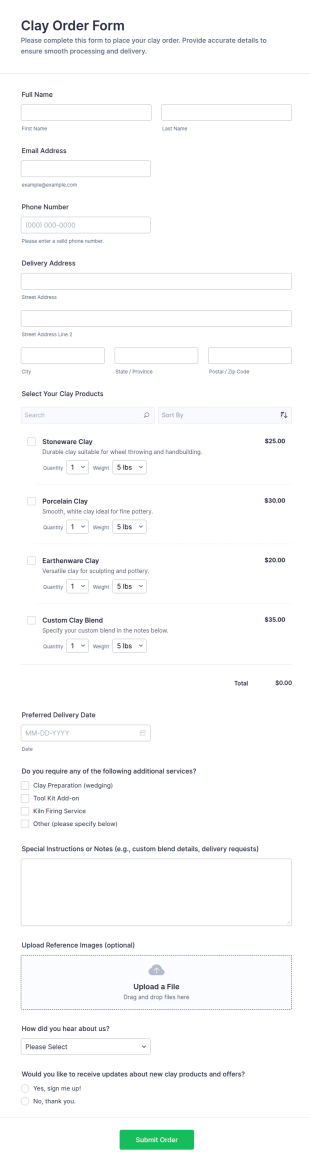 Clay Order Form Template
