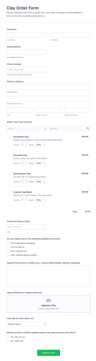 Clay Order Form Template