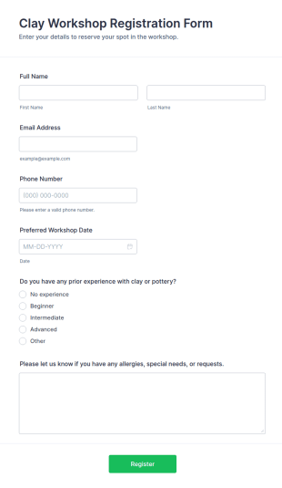 Clay Workshop Registration Form Template