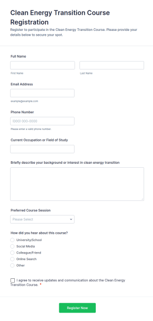 Clean Energy Transition Course Registration Form Template