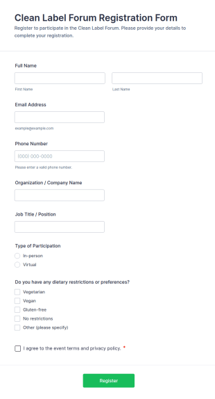 Clean Label Forum Registration Form Template