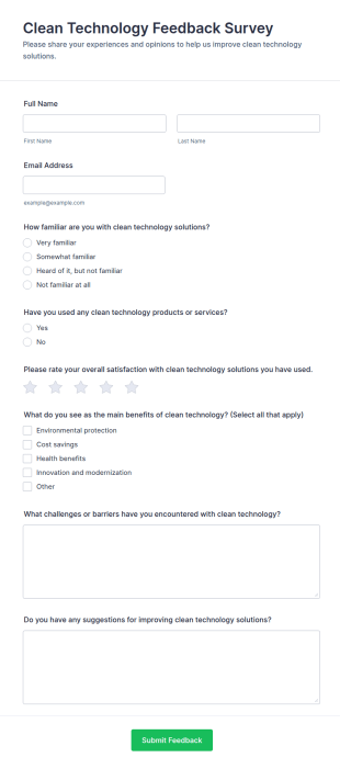 Clean Technology Feedback Survey Form Template