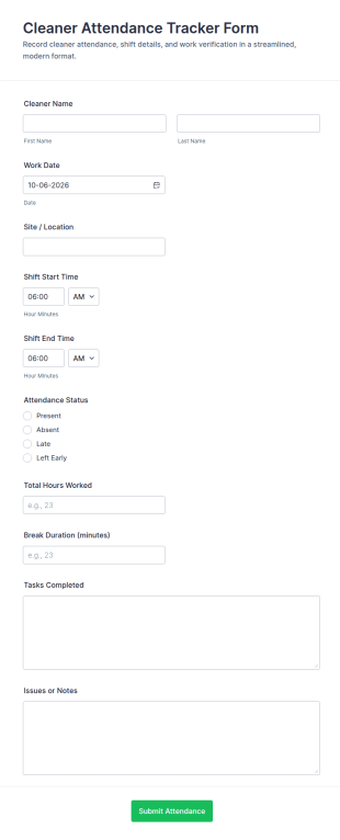 Cleaner Attendance Tracker Form Template