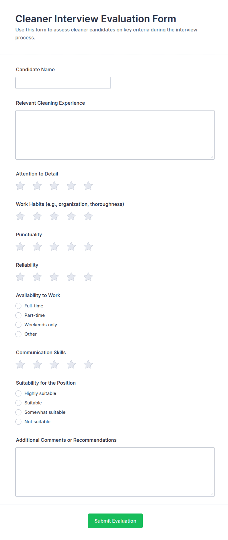 Cleaner Interview Evaluation Form Template | Jotform