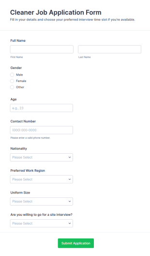 Cleaner Job Application Form Template