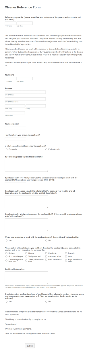 Cleaner Reference Form Template