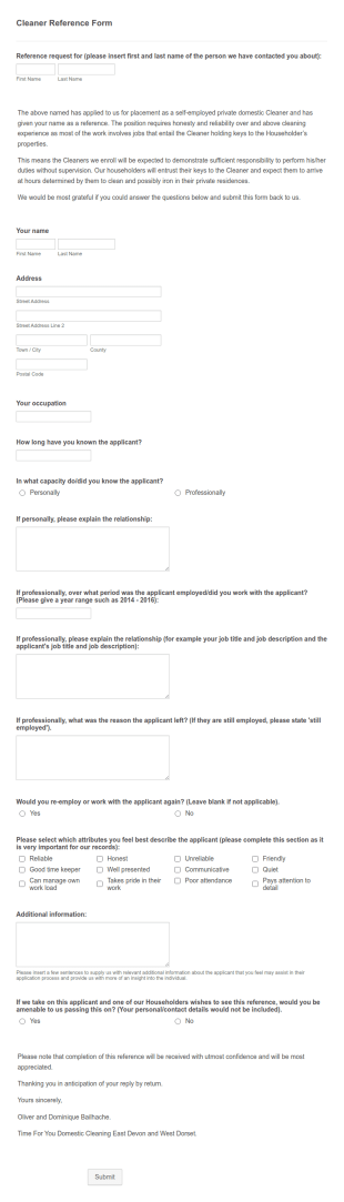 Cleaner Reference Form Template