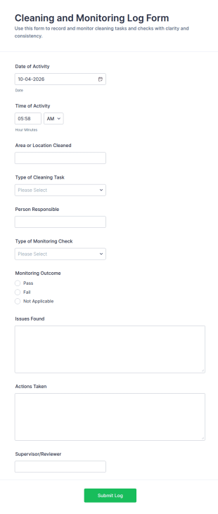 Cleaning And Monitoring Log Form Template