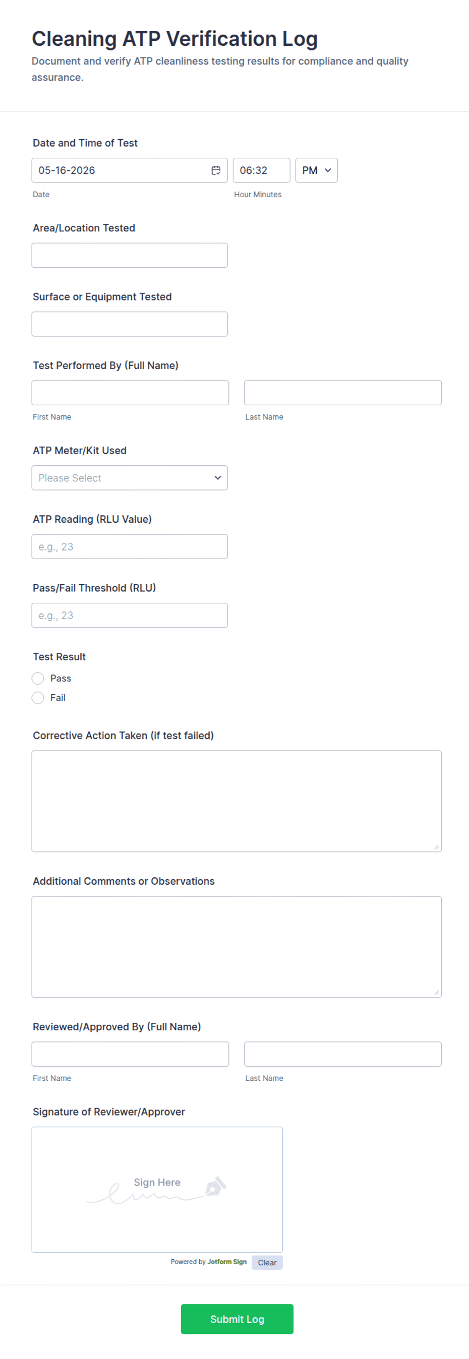 Atp Example Form Cleaning ATP Verification Log Form Template | Jotform