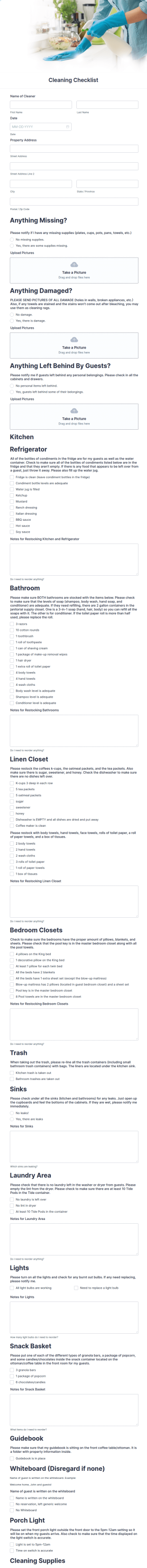 Cleaning Checklist Form Template
