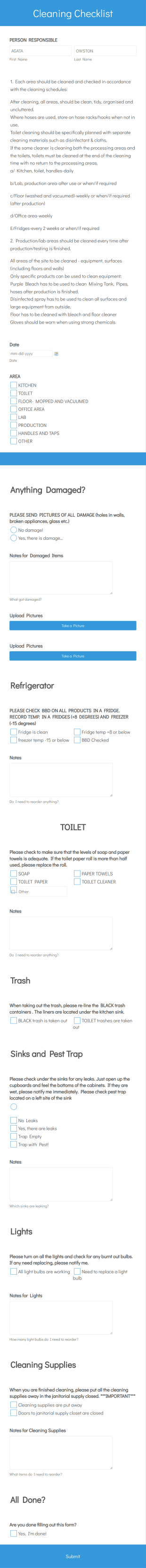 Cleaning Checklist Form Template