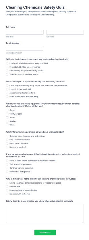 Cleaning Chemicals Safety Quiz Form Template