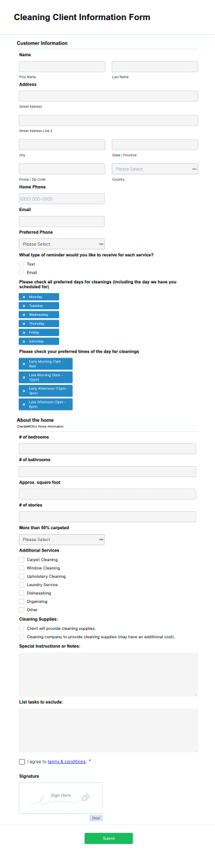 Cleaning Client Information Form Template