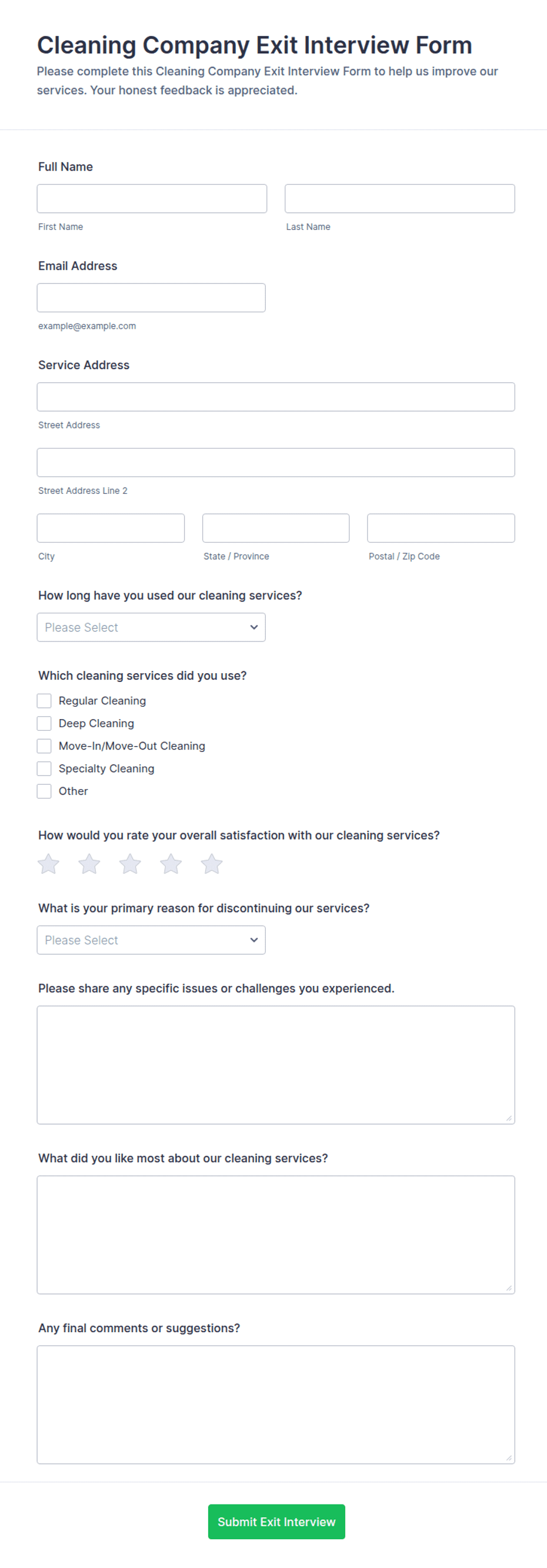 Cleaning Company Exit Interview Form Template | Jotform
