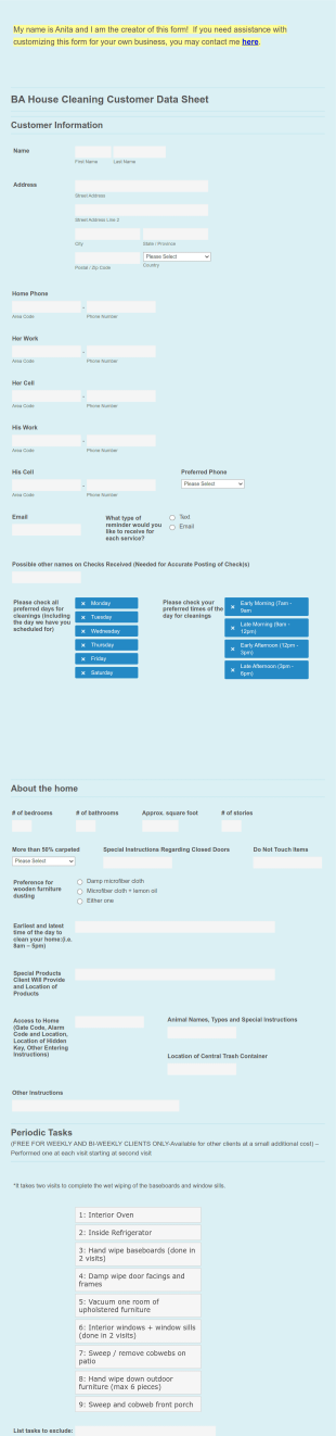 Cleaning Customer Data Sheet Form Template
