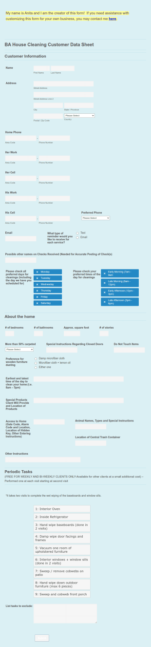 Cleaning Customer Data Sheet Form Template