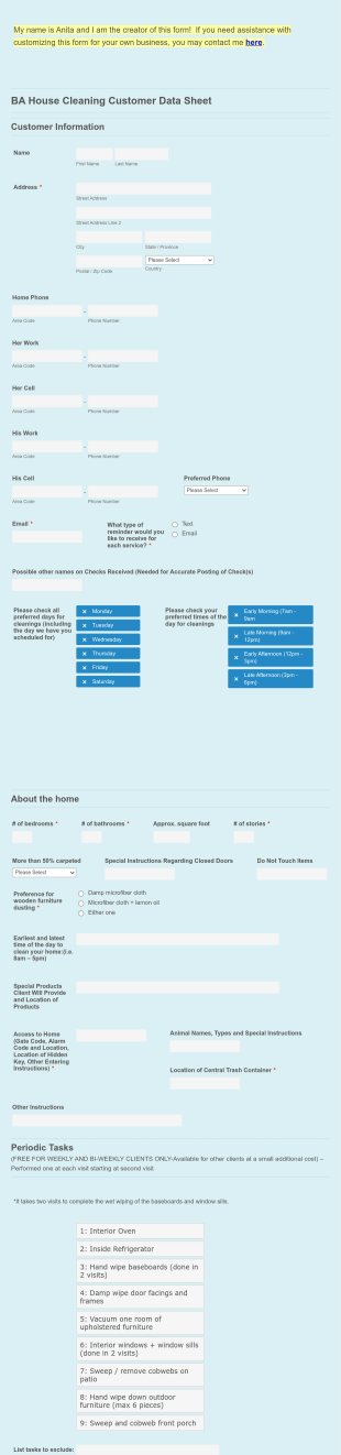 Cleaning Customer Data Sheet Template Form Template