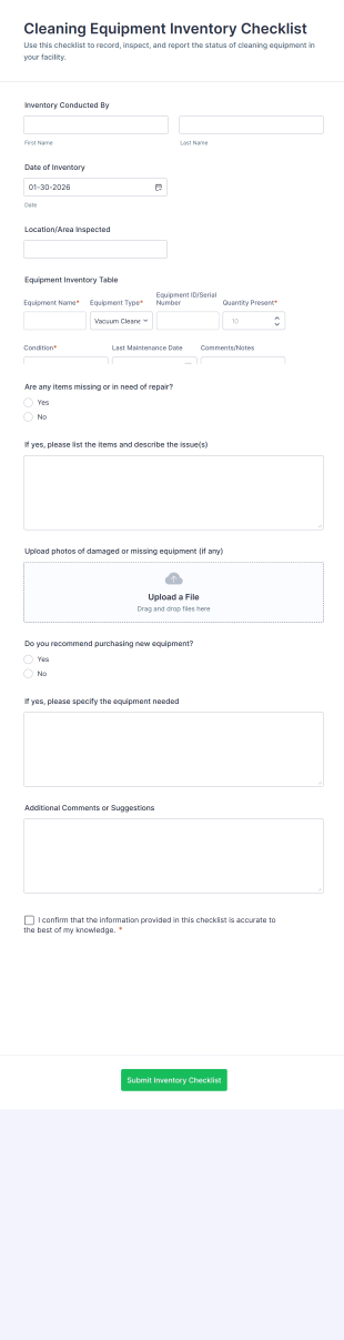 Cleaning Equipment Inventory Checklist Form Template