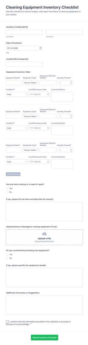 Cleaning Equipment Inventory Checklist Form Template