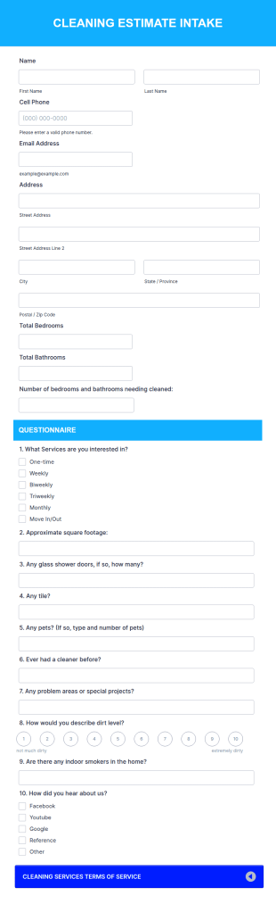 Cleaning Estimate Intake Form Template