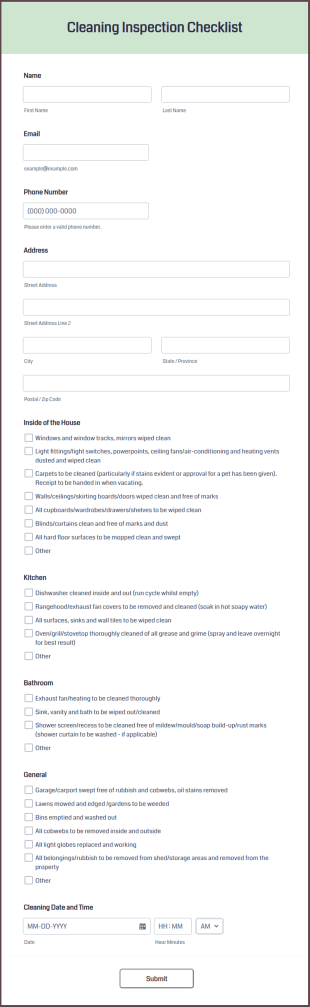 Cleaning Inspection Checklist Form Template