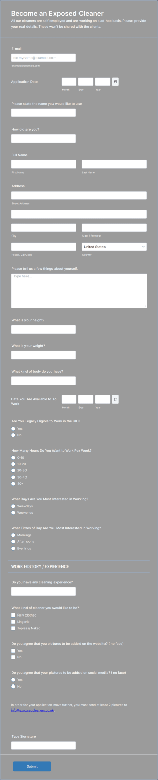 Cleaning Job Application Form Template