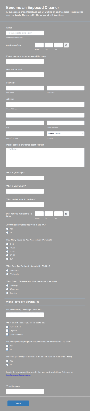 Cleaning Job Application Form Template