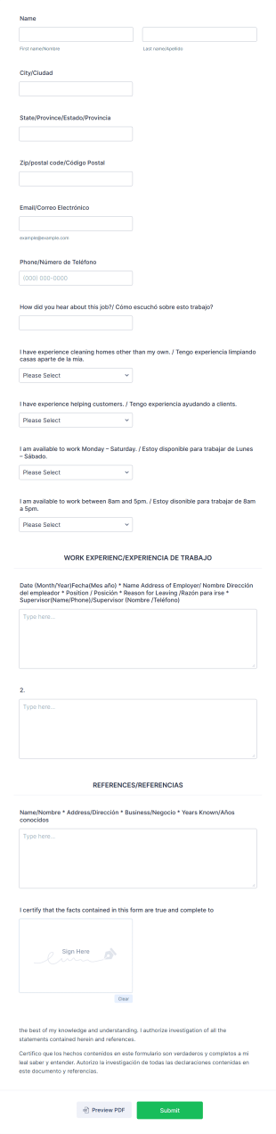 Cleaning JOB APPLICATION Form Template