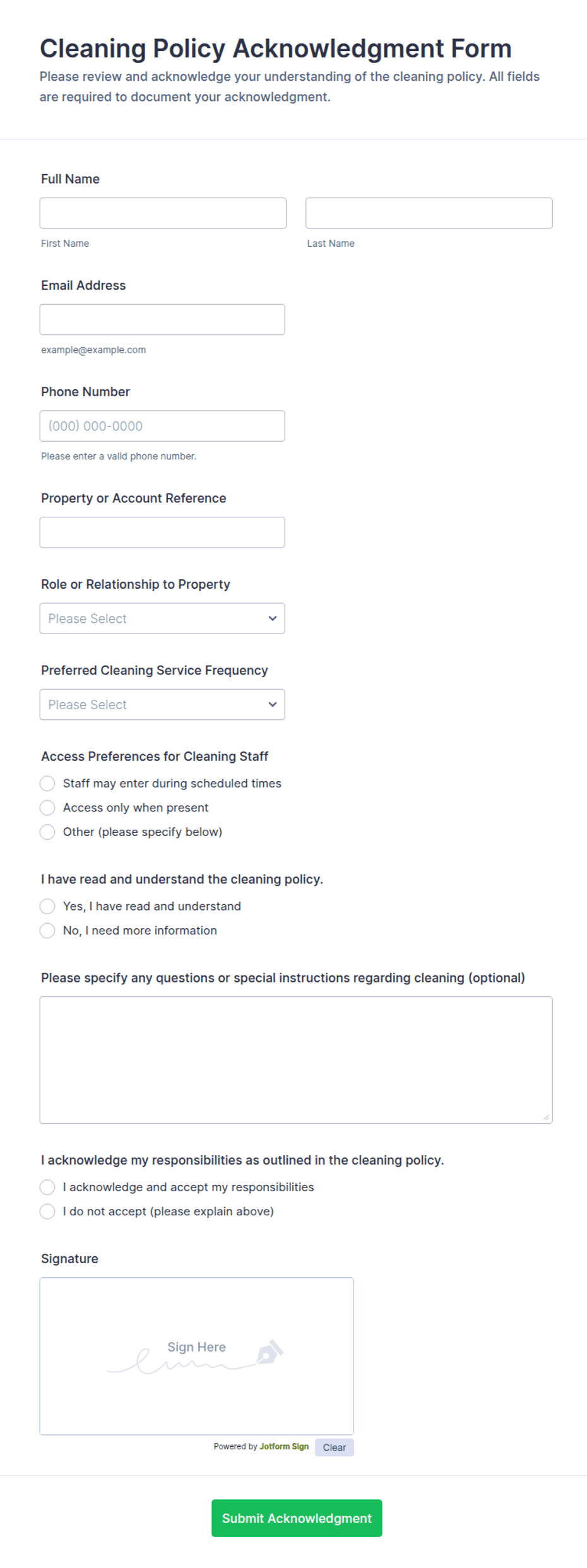 Cleaning Policy Acknowledgment Form Template | Jotform