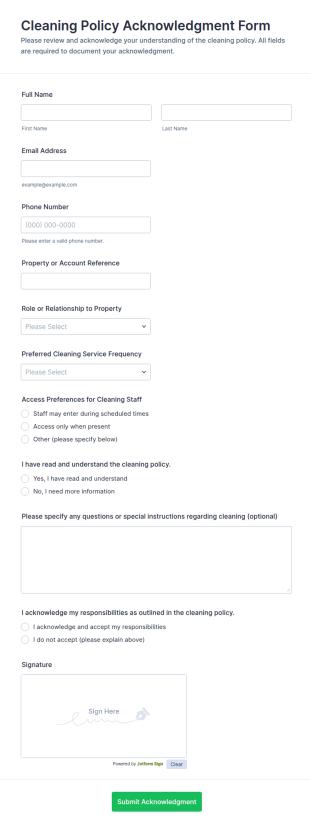 Cleaning Policy Acknowledgment Form Template