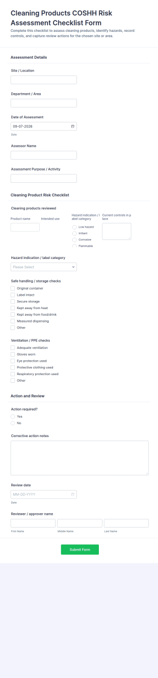 Cleaning Products COSHH Risk Assessment Checklist Form Template